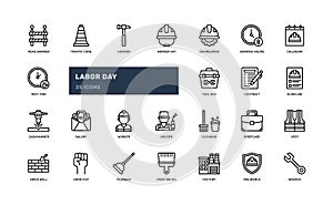 Labor day worker engineer element with tolls maintenance detailed outline line icon set