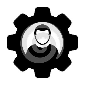 Labor icon vector male user person profile avatar with gear cogwheel for settings and configuration in flat color glyph pictogram