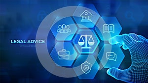 Labor law, Lawyer, Attorney at law, Legal advice concept. Internet law services and cyberlaw. Wireframe hand places an element