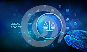 Labor law, Lawyer, Attorney at law, Legal advice concept with magnifier in wireframe hand and icons. Internet law and cyberlaw as