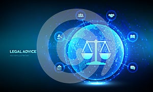 Labor law, Lawyer, Attorney at law, Legal advice concept. Internet law as digital online legal services. World map point and line