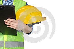 Labor protection specialist, female builder engineer with a clipboard on a white background, inspector worker in builder`s