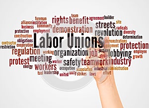 Labor unions word cloud and hand with marker concept