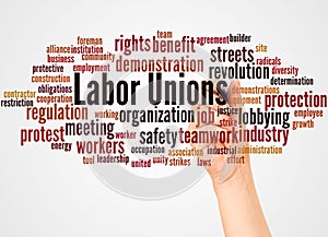 Labor unions word cloud and hand with marker concept photo