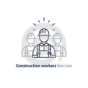 Labor workforce, construction workers group in helmet, three builders