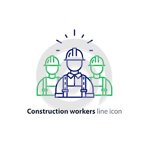 Labor workforce, construction workers group in helmet, three builders