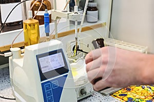 Laborant makes test in laboratory