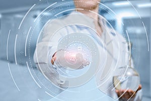 A laboratorian assistant operating with a digital brain model scheme photo