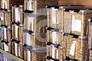 Laboratory for the analysis and diagnosis of grain from the field, in plastic containers samples of grain, corn