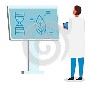 Laboratory assistant with digital tablet looking at board with leaf, dna, scientific researches