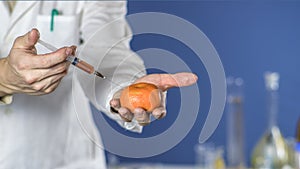 Laboratory assistant injects into a orange citrus with nitrates so that they are fresh, GMOs.