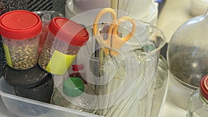 Laboratory assistant`s desk. Microbiological studies of food quality in the biochemistry laboratory