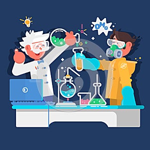 Laboratory assistants work in scientific medical chemical or biological laboratory. Vector illustration