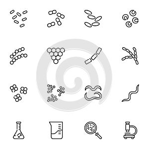 Laboratory bacteria cells line icons set photo