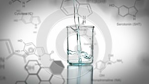 Laboratory beaker with data and structural formula of chemical compounds in the foreground