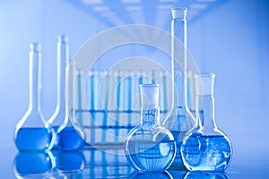 Laboratory beakers,Science experiment, blue background