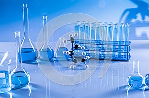 Laboratory beakers,Science experiment, blue background