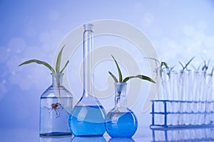 Laboratory beakers,Science experiment, blue background