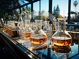 Laboratory beakers in white. A row of glass flasks filled with liquid