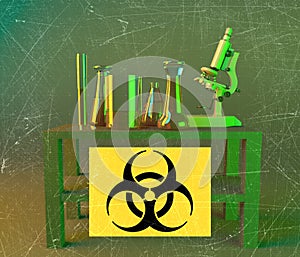 Laboratory and biohazards study, analysis with microscope and containers on a table. Viruses and bacteria