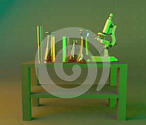 Laboratory and biohazards study, analysis with microscope and containers on a table. Viruses and bacteria