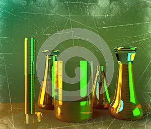 Laboratory and biohazards study, analysis and testing with containers for liquids on a table. Viruses and bacteria