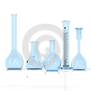 Laboratory blue glassware on white backg