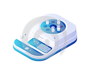 Laboratory centrifuge isometric vector. Scientific blue equipment electronic panel and white test tubes.