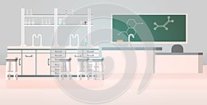 Laboratory chemical in science classroom interior of university college empty no people lab with furniture horizontal