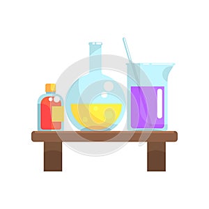 Laboratory chemicals in glassware stand on wooden shelf. Flask, beaker and small bottle with lid. Cartoon flat vector