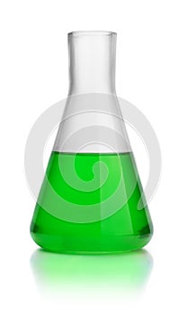 Laboratory conical flask with green liquid