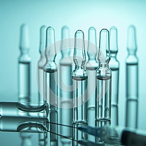 Laboratory. Development of a coronavirus vaccine. Ampoules with medicine. COVID 19. Macro photography, selective focus