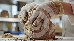 In a laboratory environment a closeup of a scientists hands carefully shaping a lump of claylike programmable material