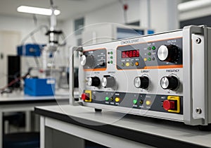 Laboratory environment with an electronic control device labeled 