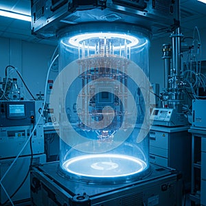 Laboratory environment featuring a quantum computer inside a transparent