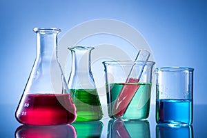 Laboratory equipment, bottles, flasks with color liquid