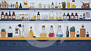 Laboratory equipment drawing, glass bottles and experiment flasks closeup view