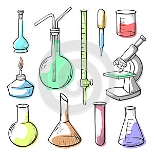 Laboratory equipment, glassware hand drawn illustrations set