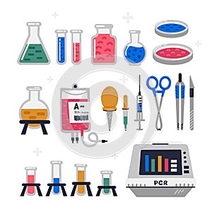 Laboratory equipment, glassware set. Chemical or biological science lab experiment tools for research and testing. Flat