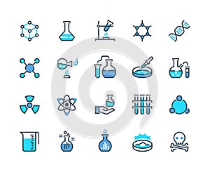 Laboratory equipment line icon. Chemical reaction and medical tube flask and beaker. Vector school biology pictogram set