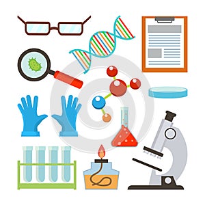 Laboratory Equipment Set Vector. Science Accessories. Glasses, Dna, Structure, Molecule, Notepad, Petri, Bowl, Gloves