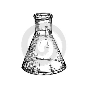 Laboratory equipment sketch. Hand drawn glass beaker flask illustration. Chemical or medicine lab measuring equipment drawing.