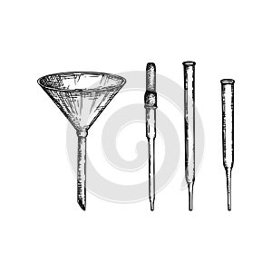 Laboratory equipment sketch. Hand drawn glass pipet and funnel set. Chemical and medicine lab testing equipment. Vector pipette