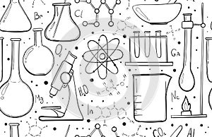 Laboratory equipment sketch seamless pattern. Science chemistry. Microscope, Glass flasks and test tubes. Chemical