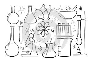 Laboratory equipment sketch set. Science chemistry. Microscope, Glass flasks and test tubes. Chemical experiments