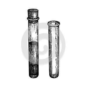 Laboratory equipment sketches set. Hand drawn glass tubes illustration. Chemical or medicine lab testing equipment. Vector tubes