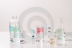 Laboratory experiment and research with leaf,oil and ingredient extract for natural beauty and organic cosmetic skincare product