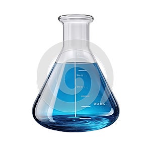 Laboratory flask with blue liquid isolated on white, transparent