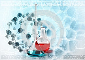 Laboratory flask on molecules stylized background