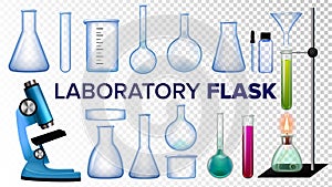 Laboratory Flask Set Vector. Chemical Glass. Beaker, Test-tubes, Microscope. Empty Equipment For Chemistry Experiments